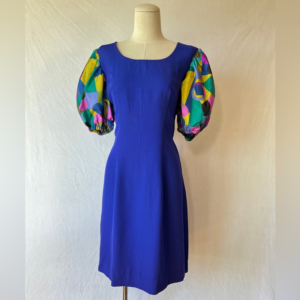 80s Blue Geometric Patterned Puff Sleeve Dress